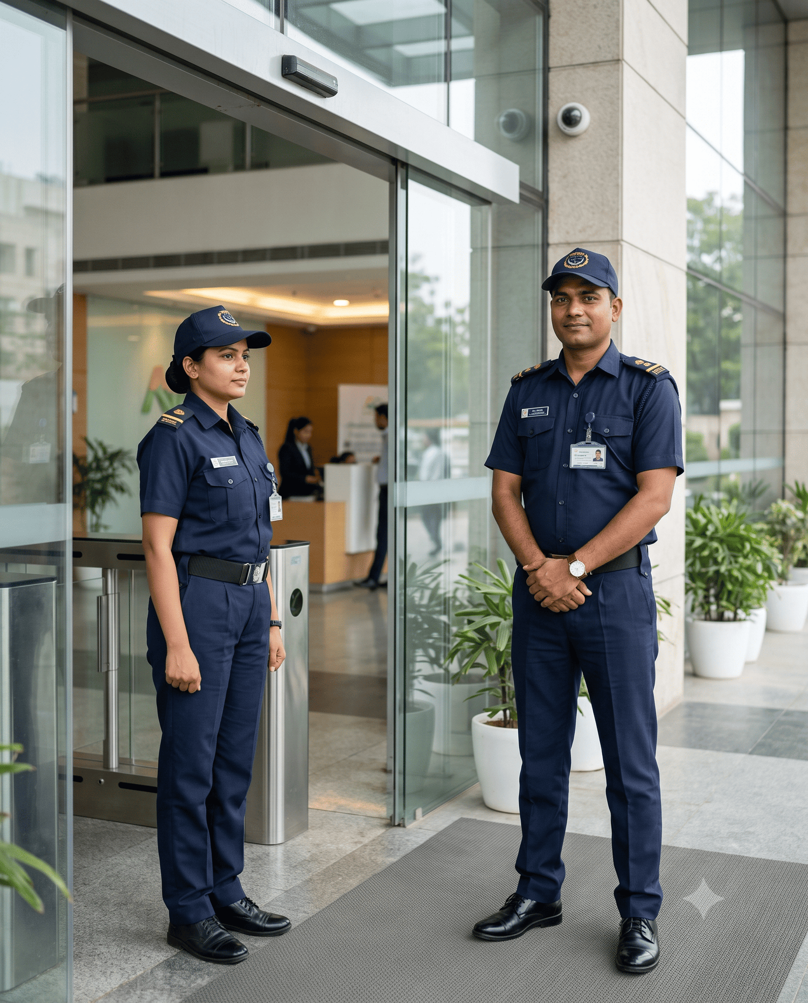 Professional facility management staff with cleaning equipment in a corridor